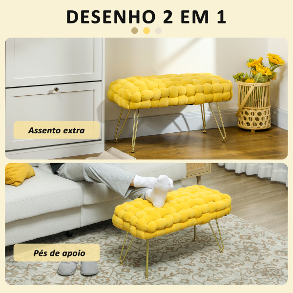 HOMCOM Apoio para os Pés Sala de Estar em Veludo com Pés de Metal e Assento Acolchoado para Dormitório Entrada 76x38x41,5 cm Amarelo - Image 5