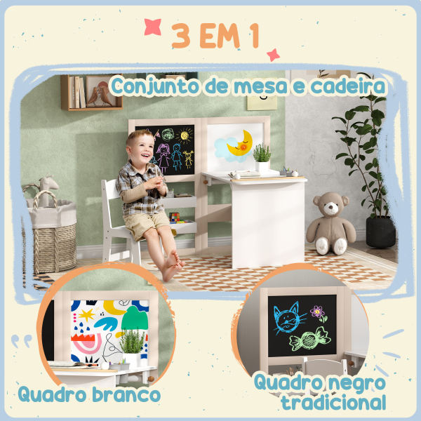 AIYAPLAY Mesa e Cadeira Infantil Mesa para Crianças com Cadeira Ardósias Dobrável Prateleiras e Rolo de Papel Branco - Image 4