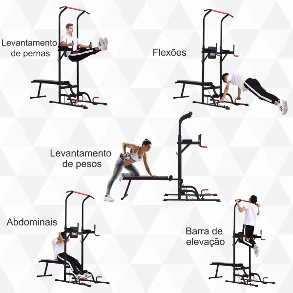 HOMCOM Estação de Musculação Multifuncional Torre de Treinamento com Altura Ajustável com Banco Dobrável Barra de Elevação para Fitness 220x98x181-229cm Preto - Image 6