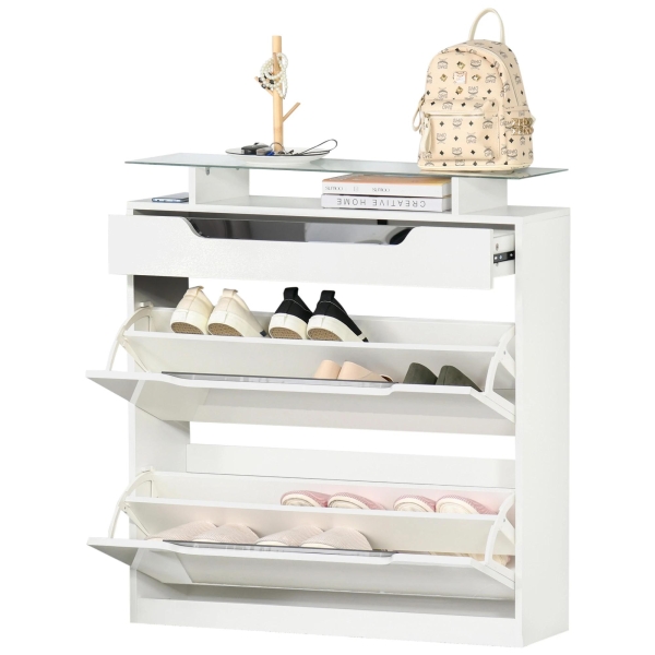 HOMCOM Móvel Sapateira de 2 Portas Sapateira Estreito para 16 Pares de Sapatos com Gaveta Prateleira Aberta e Bancada de Vidro para Corredor Entrada 89x23x96cm Branco - Image 4