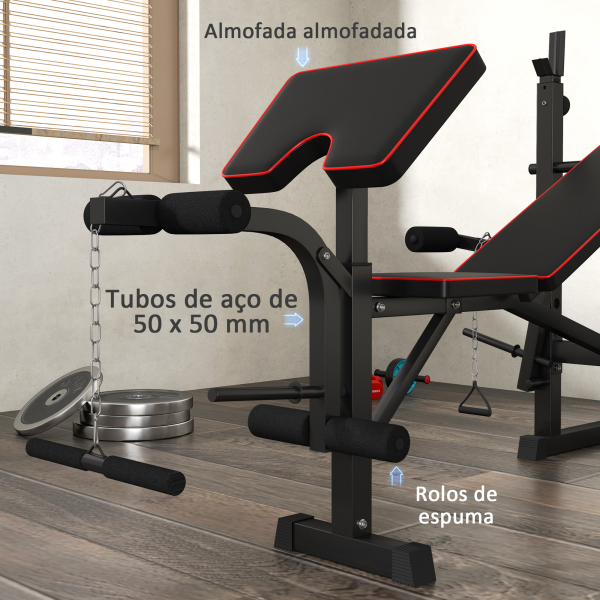 SPORTNOW Banco de Musculação Dobrável Banco Multifunções com Suportes para Barras e Encosto Ajustável para Treino Completo de Corpo Preto - Image 4