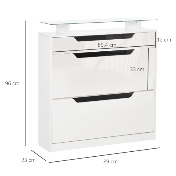 HOMCOM Móvel Sapateira de 2 Portas Sapateira Estreito para 16 Pares de Sapatos com Gaveta Prateleira Aberta e Bancada de Vidro para Corredor Entrada 89x23x96cm Branco - Image 3