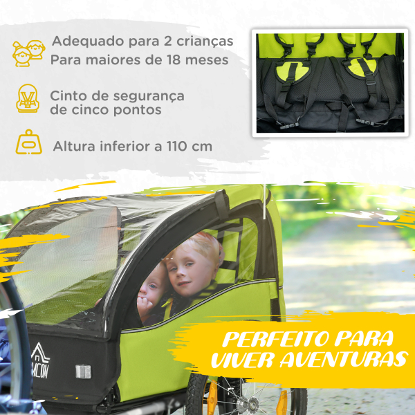 HOMCOM Reboque de Bicicleta para Crianças de 2 Lugares com Cinto de Segurança e Sistema de Amortecimento 140x88x90 cm Verde - Image 6