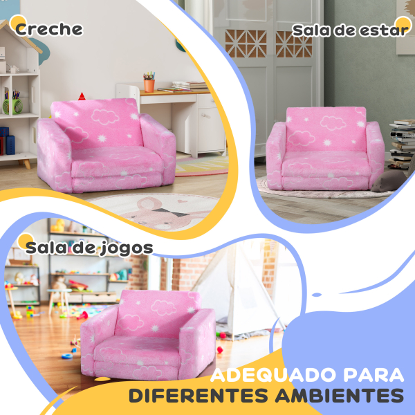 AIYAPLAY Poltrona para Crianças Dobrável e Reclinável Sofá para Crianças Estofado em Tecido Luminoso com Desenho de Nuvens Rosa - Image 6