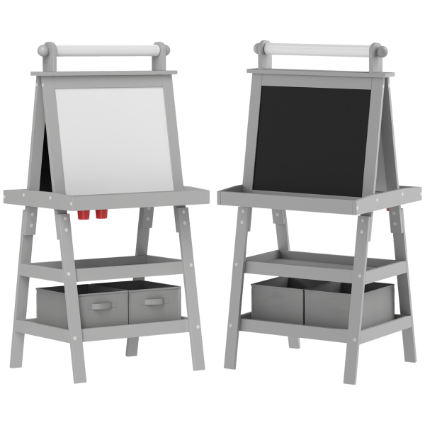 AIYAPLAY Cavalete de Pintura Infantil 3 em 1 Quadro Dupla Face com Rolo de Papel e Cestos de Arrumação Cinzento