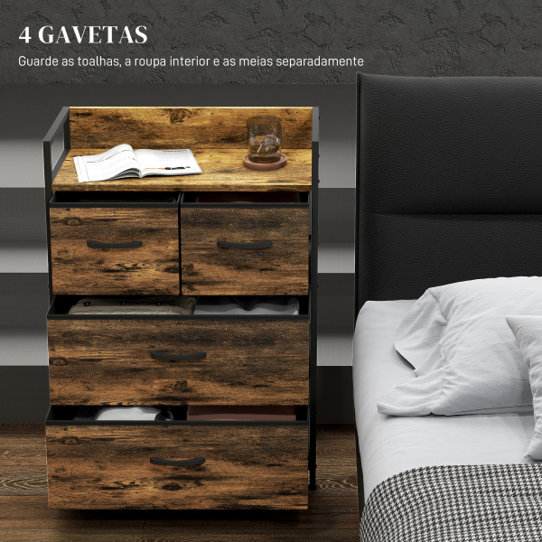 HOMCOM Cómoda de Quarto com 4 Gavetas Dobráveis Prateleira Aberta e Estrutura de Aço para Sala Entrada 60x29x85 cm Castanho Rústico - Image 4