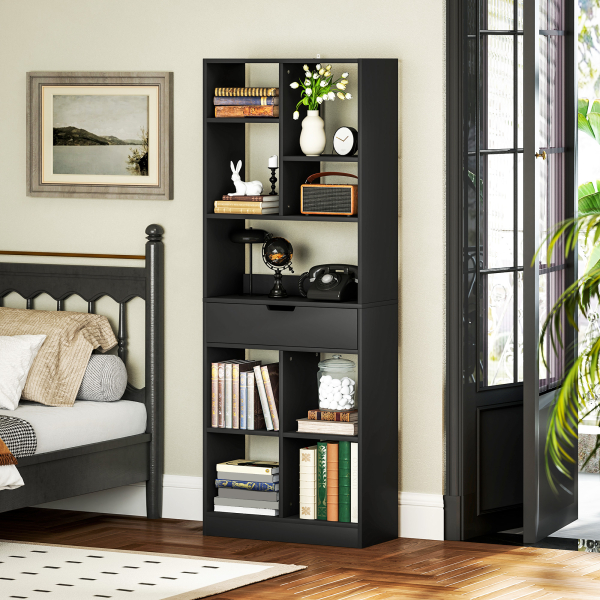 HOMCOM Estante de Madeira Estante para Livros com 1 Gaveta e 9 Compartimentos de Armazenamento 60x26x158 cm Preto - Image 7