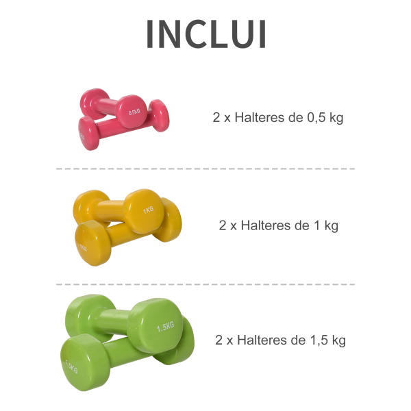 HOMCOM Conjunto de 6 Halteres Hexagonais 3 Pares de 1,5kg, 1kh e 0,5kg Conjunto de Halteres com Maleta de Transporte para Exercícios em Casa Academia Multicor - Image 5