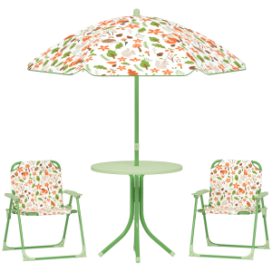AIYAPLAY Conjunto de Mesa e Cadeiras para Crianças de Jardim com Cadeiras Dobráveis Chapéu de Sol Ajustável e Desenho de Raposas Verde