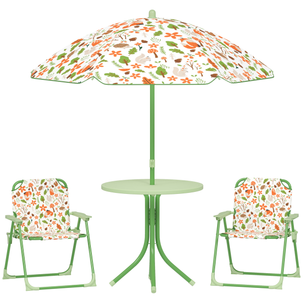 AIYAPLAY Conjunto de Mesa e Cadeiras para Crianças de Jardim com Cadeiras Dobráveis Chapéu de Sol Ajustável e Desenho de Raposas Verde