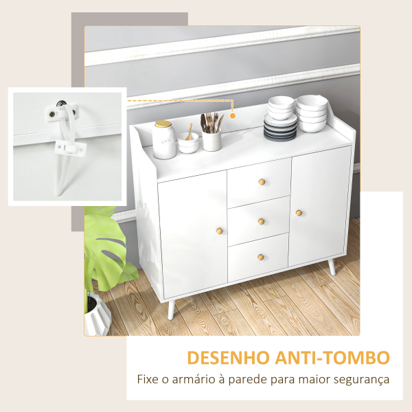 HOMCOM Aparador Sala de Estar Moderno com 2 Portas 3 Gavetas e Pés de Madeira de Pinho 90x32x80 cm Branco - Image 5