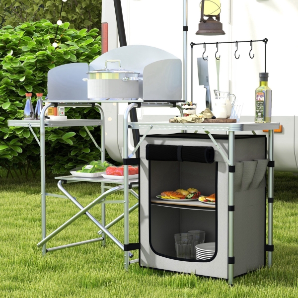 Outsunny Móvel de Cozinha para Campismo Dobrável com Mesas Estante Suporte de Luz e Ganchos 144x48x119 cm Prata e Cinza Claro - Image 9