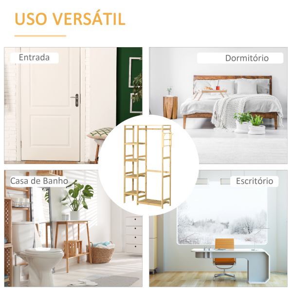 HOMCOM Suporte para Cabides de Bambu Cabideiro com Prateleiras de 4 Níveis com Barra Prateleira Inferior e Cabide Lateral 90x30x155cm Madeira - Image 6