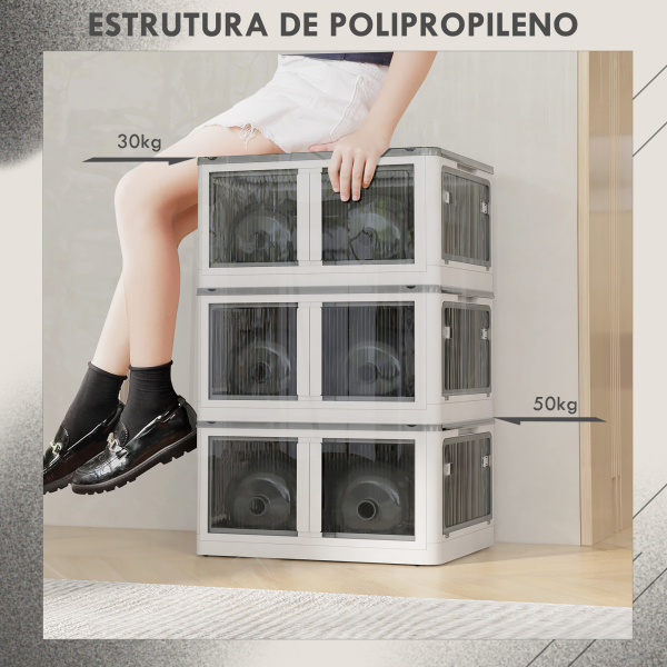HOMCOM Caixa de Armazenamento Empilhável com Tampa 69L Caixa Organizadora Dobrável com Rodas 60x42x34 cm Branco - Image 7