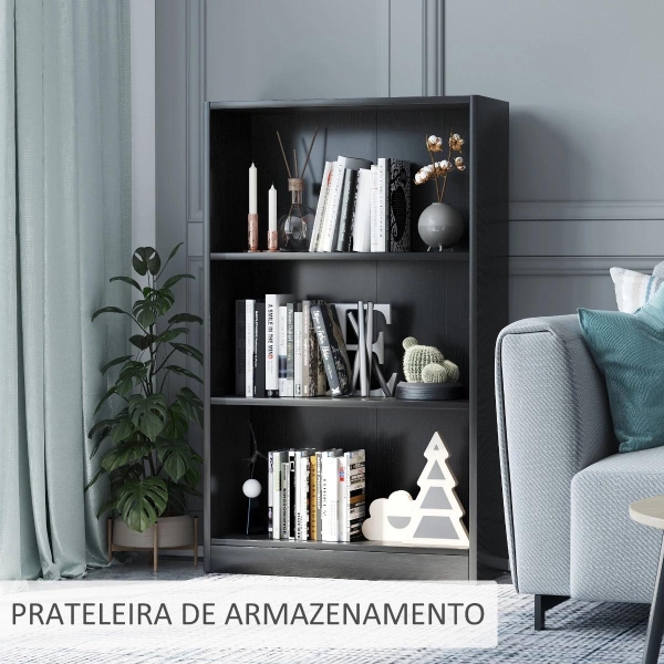 HOMCOM Estante para Livros com 3 Compartimentos de Armazenamento Livros Plantas para Sala de Estar Estúdio Dormitório 62,2x24x102,4cm Preto - Image 6