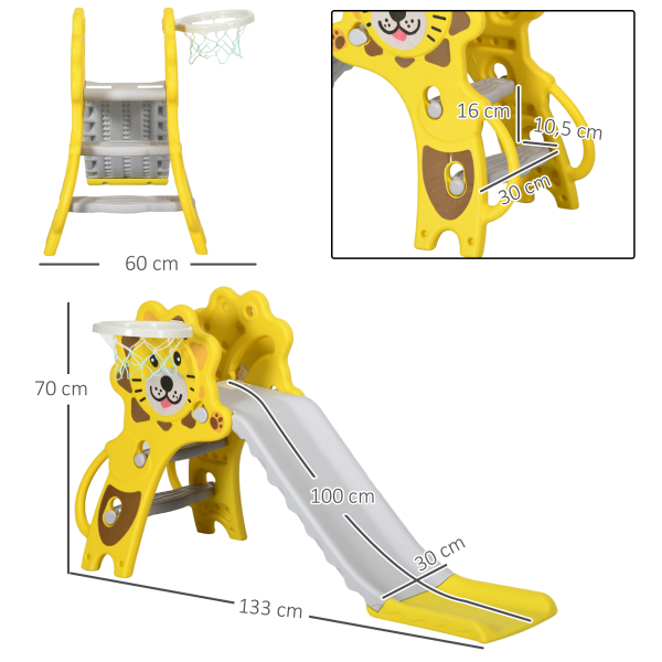 AIYAPLAY Escorrega para Crianças 2 em 1 com 2 Degraus Cesta de basquetebol e Desenho de Leão para Interior 131x50x74 cm Amarelo e Cinza - Image 3