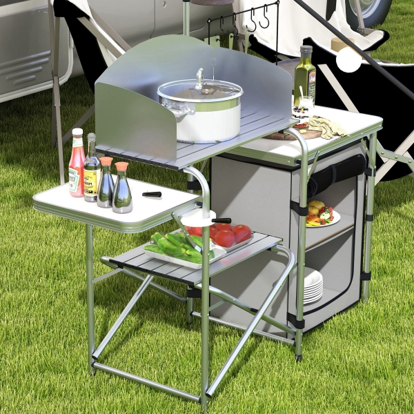 Outsunny Móvel de Cozinha para Campismo Dobrável com Mesas Estante Suporte de Luz e Ganchos 144x48x119 cm Prata e Cinza Claro - Image 8