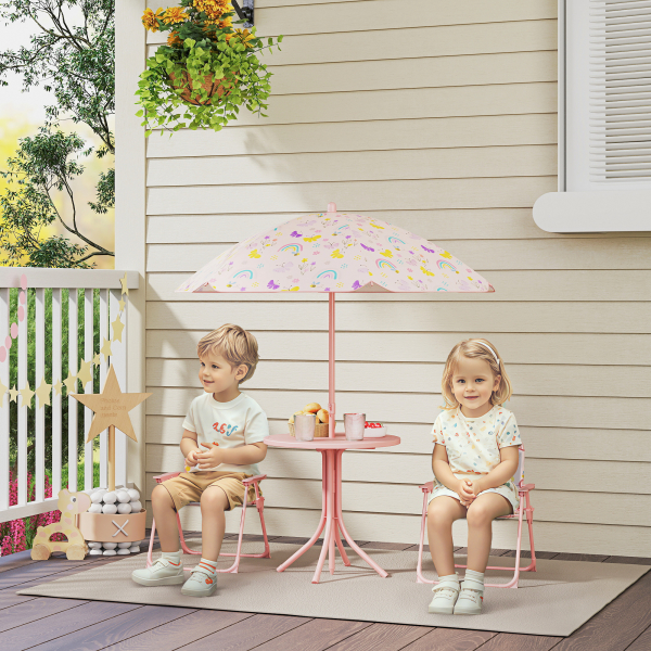 AIYAPLAY Conjunto de Mesa e Cadeiras para Crianças de Jardim com Cadeiras Dobráveis Chapéu de Sol Ajustável e Desenho de Raposas Rosa - Image 2