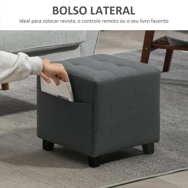 HOMCOM Apoio para os Pés Sala de Estar Banco Estofado em Linho com Bolso Lateral Tampa com Botões  35x35x35 cm Cinzento - Image 5