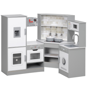 AIYAPLAY Cozinha de Madeira para Crianças com Sons Forno Lavatório Micro-Ondas Máquina de Gelo e Acessórios 110x80x91 cm Cinza
