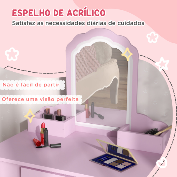ZONEKIZ Toucador Infantil para Meninas e Meninos Toucador de Maquilhagem com Banco Espelho Gaveta e Caixas de Arrumação Rosa - Image 6