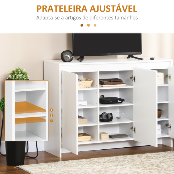 HOMCOM Móvel Aparador com 3 Portas Prateleiras Ajustáveis ​​e Suporte com Fecho Suave para Televisores 120x35x85 cm Branco - Image 5