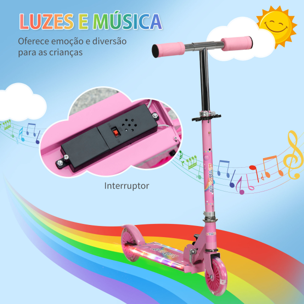 HOMCOM Trotinete para Crianças Dobrável com Luzes e Música 4 Alturas Ajustável Rodas Brilhantes e Pedal LED 67x32x65-78 cm Rosa - Image 4