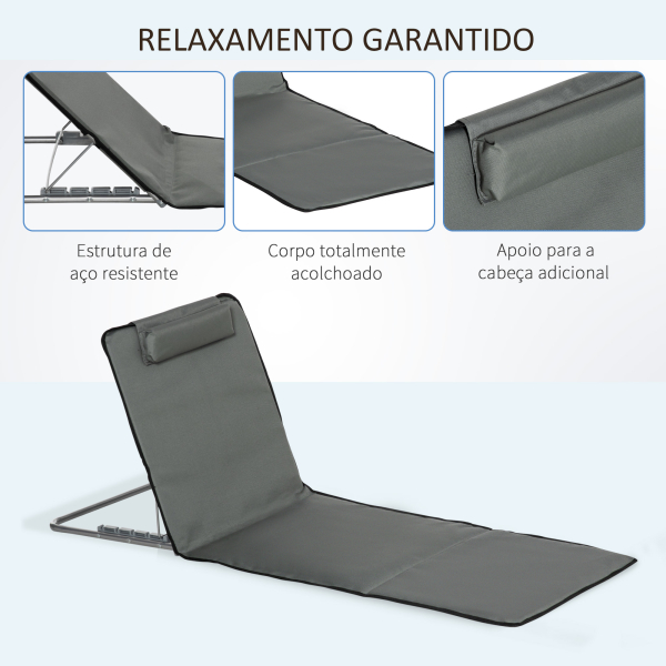 Outsunny Conjunto de 2 Esteiras de Praia Dobráveis 124x53x50cm com Encosto Ajustável e Apoio para a Cabeça Esteira de Praia Tecido Oxford Aço com Bolsa de Transporte Cinza - Image 5