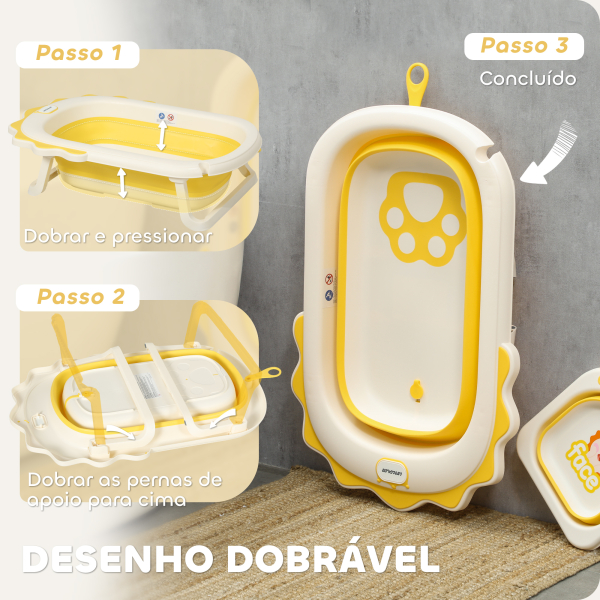 AIYAPLAY Banheira Dobrável para Bebés com Almofada e Cubo Antiderrapantes Orifício de Drenagem e Orifício para o Duche 80,5x55x20 cm Amarelo - Image 5