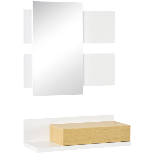 HOMCOM Conjunto de Móveis de Entrada com Espelho e Gaveta Estilo Moderno 75x4x70cm e 75x29x20cm Branco e Madeira