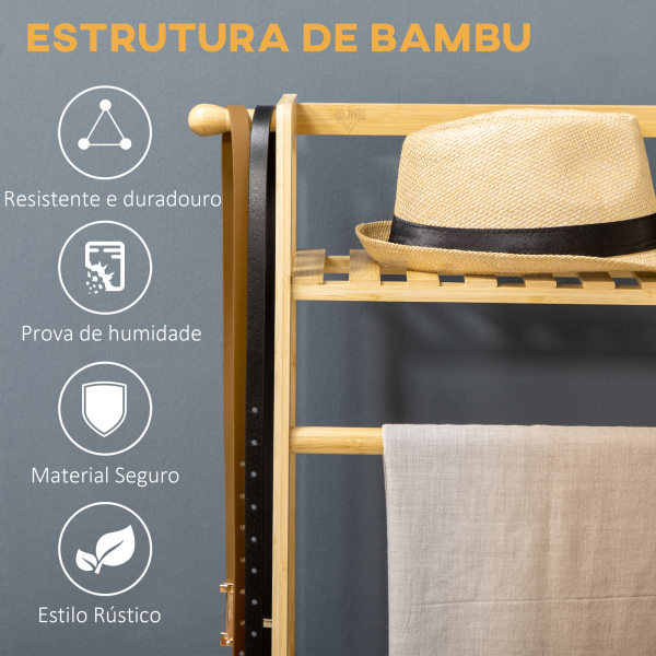 HOMCOM Suporte para Cabide de Bambu com 2 Prateleiras de Armazenamento 2 Ganchos Laterais e Barra Suspensa 114x40x139 cm Madeira - Image 5