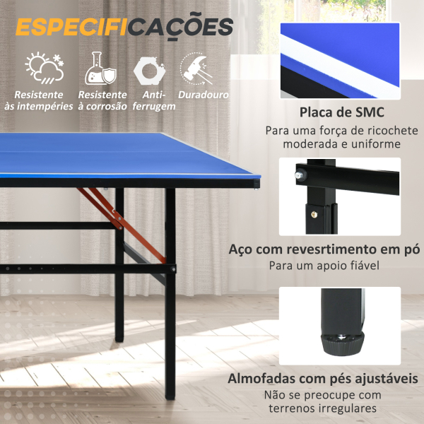 SPORTNOW Mesa de Ping Pong Dobrável com Rodas para Interior e Exterior Tamanho Padrão com Rede Raquetes e Bolas 274x152,5x76 cm Azul - Image 8