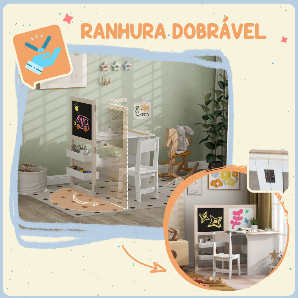 AIYAPLAY Mesa e Cadeira Infantil Mesa para Crianças com Cadeira Ardósias Dobrável Prateleiras e Rolo de Papel Branco - Image 5