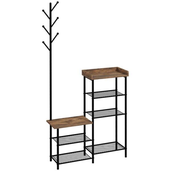 HOMCOM Móvel Cabide de Entrada com Sapateira 5 Prateleiras 6 Ganchos Estilo Industrial 92,5x28x182 cm Marrom Rústico