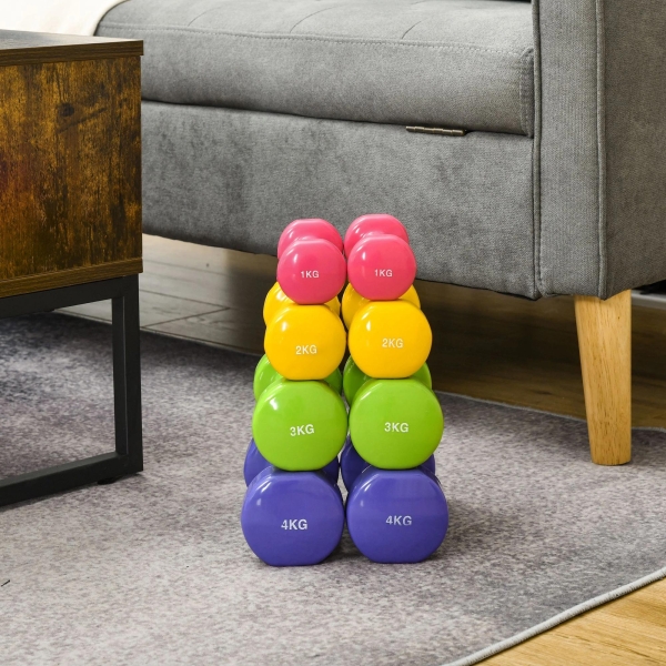 HOMCOM Jogo de 8 Halteres Hexagonais 4 Pares 4kg 3kg 2kg 1kg com Revestimento Pesos para Exercícios em Casa Academia Aço Multicolor - Image 9