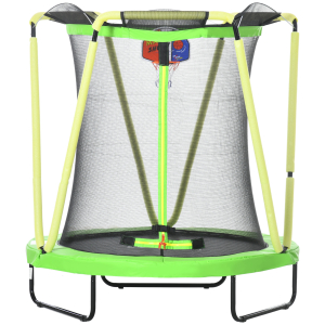 ZONEKIZ Trampolim Infantil Ø140x155 cm Trampolim para Crianças de 3-10 Anos com Cesta de Basquetebol e 20 Bolas de Plástico Verde