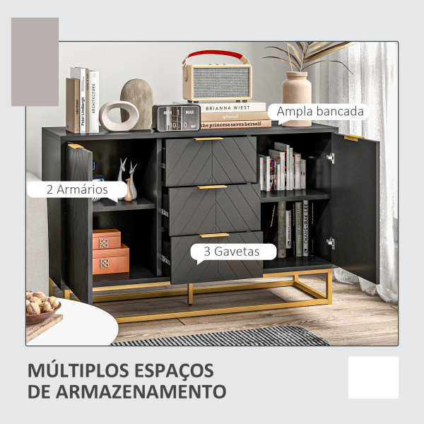HOMCOM Aparador Auxiliar Armário de Armazenamento com 3 Gavetas e 2 Armários com Prateleira Ajustável 120x40x76 cm Preto - Image 5