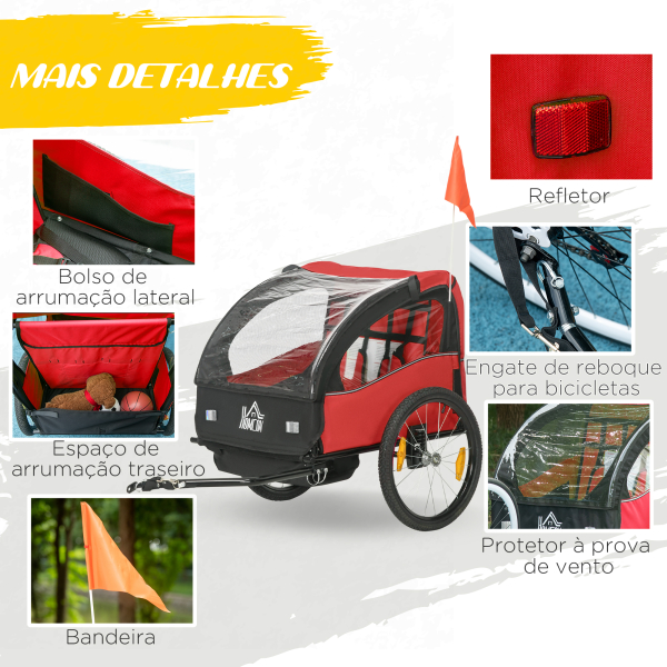 HOMCOM Reboque de Bicicleta para Crianças acima de 18 Meses Reboque de Bicicleta com 2 Lugares com Cinto de Segurança Espaço de Armazenamento e Sistema de Amortecimento 140x88x90 cm Vermelho - Image 7