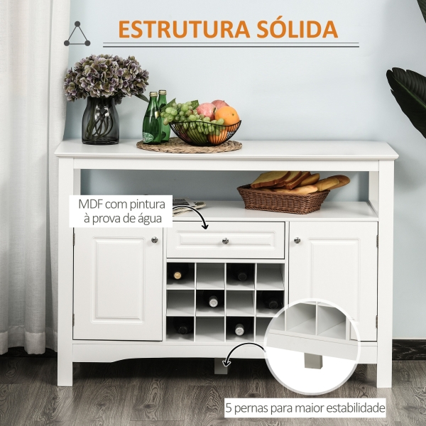 HOMCOM Aparador de Cozinha com 1 Gaveta 1 Prateleira Aberta 2 Portas e Suporte para 12 Garrafas 116,5x40x82,5 cm Branco - Image 5