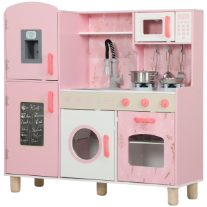 AIYAPLAY Cozinha de Madeira para Crianças com Sons Fogão Forno Micro-Ondas Máquina de Gelo e Acessórios 90x33,3x91,6 cm Rosa