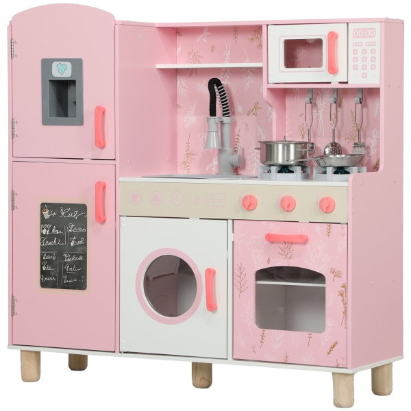 AIYAPLAY Cozinha de Madeira para Crianças com Sons Fogão Forno Micro-Ondas Máquina de Gelo e Acessórios 90x33,3x91,6 cm Rosa