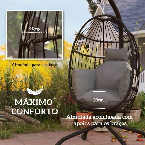 Outsunny Cadeira Suspensa com Suporte Cadeira Baloiço de Jardim com Cesto Dobrável Almofada e Apoio para a Cabeça 120x88x192 cm Preto - Image 4