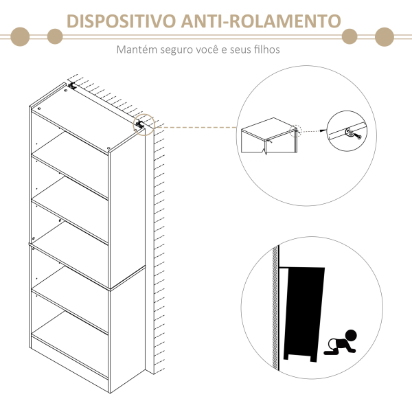 HOMCOM Estante para Livros de 5 Níveis com Prateleira Ajustável e Desenho Anti-Tombo Estante de Armazenamento 63x29,5x176 cm Madeira - Image 5