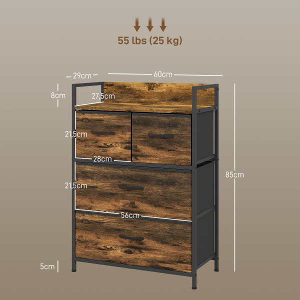 HOMCOM Cómoda de Quarto com 4 Gavetas Dobráveis Prateleira Aberta e Estrutura de Aço para Sala Entrada 60x29x85 cm Castanho Rústico - Image 3