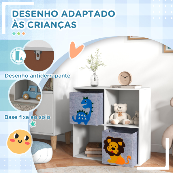 ZONEKIZ Estante para Brinquedos com 6 Compartimentos e 3 Caixas de Tecido não Tecido e Desenho de Animais 61,8x29,9x61,8 cm Branco e Cinza - Image 4