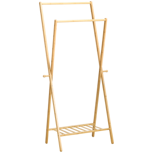 HOMCOM Suporte para Cabides de Bambu com Prateleira para Sapatos 2 Barras e 2 Ganchos 74x42x150 cm Madeira