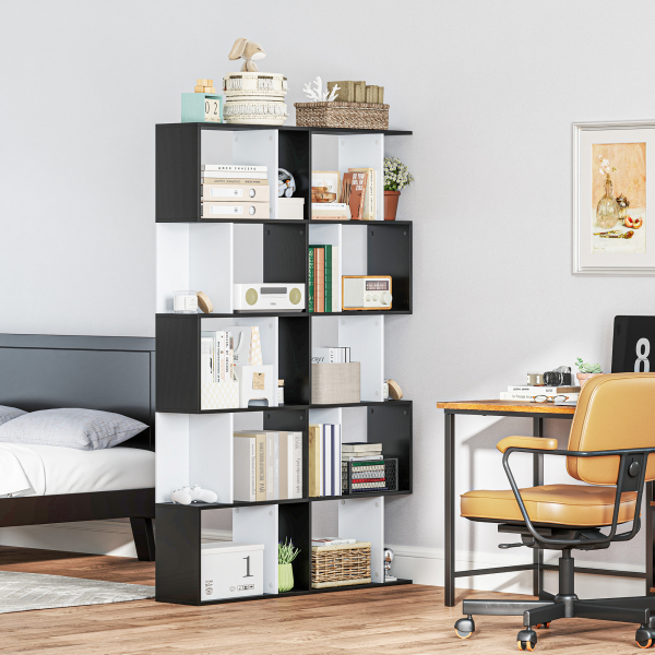 HOMCOM Estante para Livros Estante Alta de Parede com 5 Níveis em Forma de S Desenho Moderno 60x24x184,5 cm Branco e Preto - Image 9