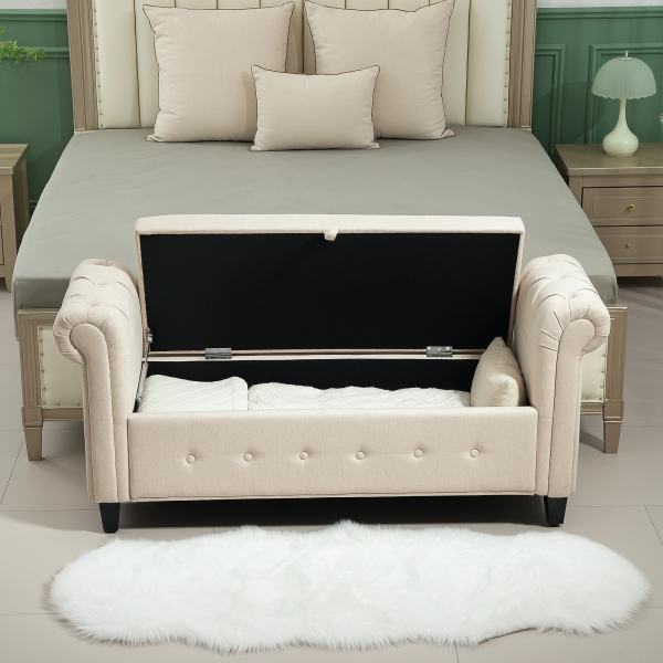 HOMCOM Banco de Pé de Cama de Linho com Dobradiças na Tampa Pés de Madeira e Apoio para os Braços 146,5x49x74,5 cm Bege - Image 8