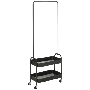 HOMCOM Charriot com Sapateiro Charriot com Rodas Barra de Pendurar e 2 Cestos para Entrada Dormitório Sala de Estar 56,5x31,5x152,5cm Preto