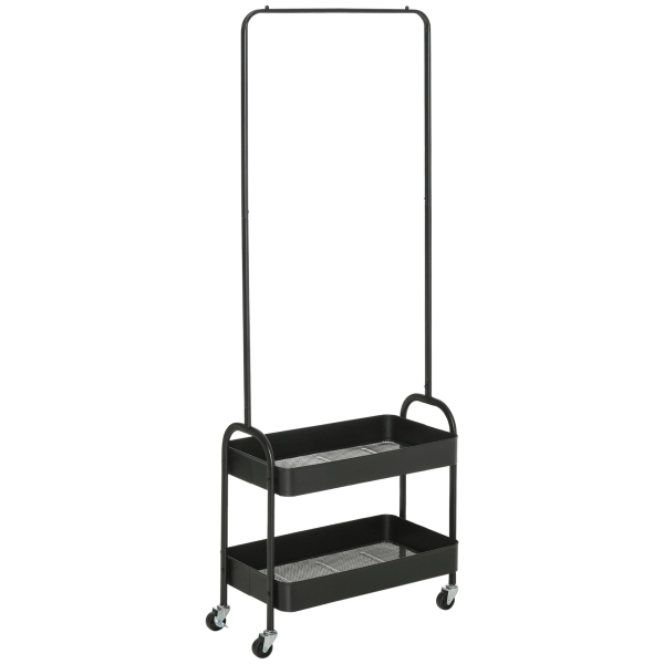 HOMCOM Charriot com Sapateiro Charriot com Rodas Barra de Pendurar e 2 Cestos para Entrada Dormitório Sala de Estar 56,5x31,5x152,5cm Preto